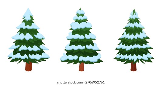 Abeto cubierto de nieve. Abeto de Navidades de dibujos animados, conjunto de Ilustración vectorial plana de plantas forestales perennes tradicionales de Navidad. Invierno Festiva abetos sobre fondo blanco