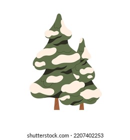 Árboles de flores cubiertos de nieve. Fresca de temporada de invierno, planta de bosque de coníferas de siempre verde. Vive un árbol de nevadas, coníferas tradicionales. Ilustración vectorial plana aislada en fondo blanco