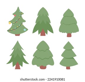 Fir trees of different shapes vector illustrations set. Cartoon drawings of spruce for Christmas, tree with baubles and garland isolated on white background. Nature, Christmas, winter holidays concept