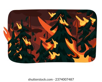 Fir trees in fire, pines in flame. Wildfire, conflagration in forest, dangerous bushfire. Ignition in wood, woodland burn. Ecology calamity, catastrophe. Natural disaster. Flat vector illustration