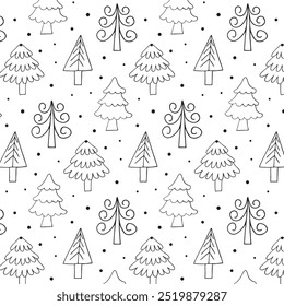 Fir trees in the forest, minimalist seamless pattern, winter decorative ornament. Hand drawn holiday background for greeting card, textile, packaging, template. Vector.