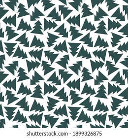 Fir trees forest monochrome seamless pattern vector. Geometric pine shapes tidewater green isolated on white. Simple natural chaotic dynamic seamless pattern with snowy forest. One of a series