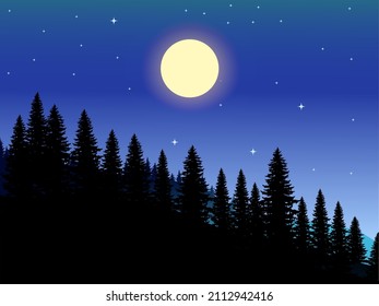The fir trees are illuminated by the full moon in the middle of the forest and create a beautiful atmosphere