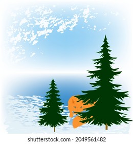 Fir trees, red fox, interesting winter landscape - art illustration - vector. New Year. Christmas.