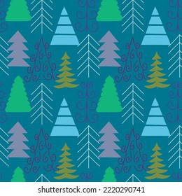 Fir trees seamless pattern in blue and green colours. Christmas and New Year background. For print, paper, design, fabric, decor, gift wrap, background.