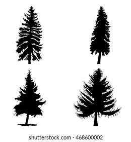 Fir trees set isolated on white background illustration. Collection of black coniferous trees silhouettes. Hand drawing. 