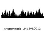 Fir trees silhouette. Coniferous spruce horizontal background pattern, black evergreen woods vector illustration. Beautiful hand drawn panorama of coniferous forest