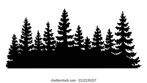 Fir trees silhouette. Coniferous spruce horizontal background pattern, black evergreen woods vector illustration. Beautiful hand drawn panorama with treetops forest