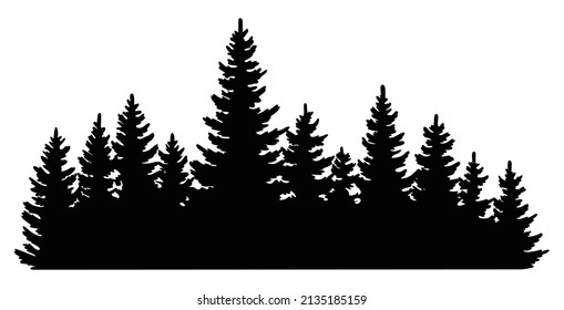 Fir trees silhouette. Coniferous spruce horizontal background pattern, black evergreen woods vector illustration. Beautiful hand drawn panorama with treetops forest