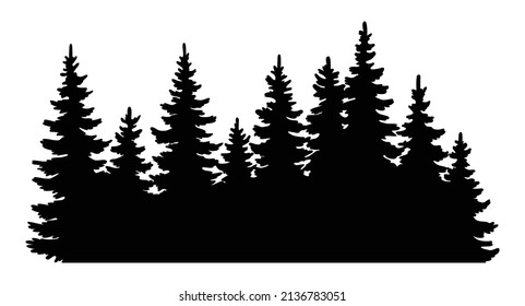 Fir trees silhouette. Coniferous spruce horizontal background pattern, black evergreen woods vector illustration. Beautiful hand drawn panorama with treetops forest