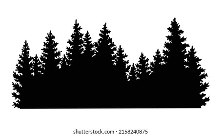 Fir trees silhouette. Coniferous spruce horizontal background pattern, black evergreen woods vector illustration. Beautiful hand drawn panorama with treetops forest