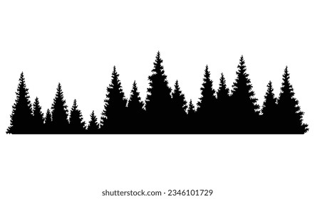 Silhouette de árboles de flores. Patrón de fondo horizontal de abeto conífero, ilustración vectorial de bosques eververdes negros. Hermoso panorama dibujado a mano del bosque de coníferas