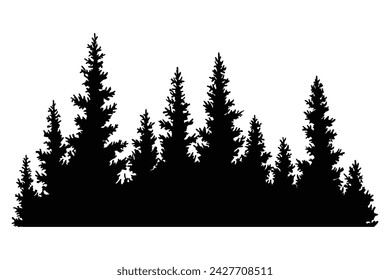 Fir trees silhouette. Coniferous spruce horizontal background pattern, black evergreen woods vector illustration. Beautiful hand drawn panorama of coniferous forest