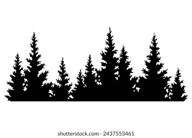 Fir trees silhouette. Coniferous spruce horizontal background pattern, black evergreen woods vector illustration. Beautiful hand drawn panorama of coniferous forest