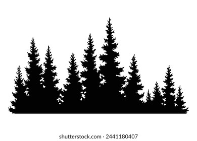 Fir trees silhouette. Coniferous spruce horizontal background pattern, black evergreen woods vector illustration. Beautiful hand drawn panorama of coniferous forest