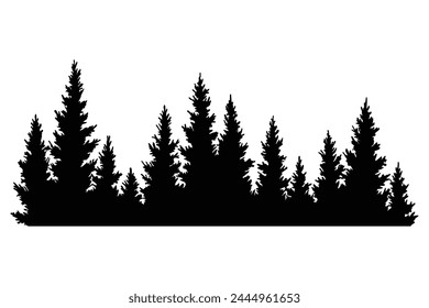 Fir trees silhouette. Coniferous spruce horizontal background pattern, black evergreen woods vector illustration. Beautiful hand drawn panorama of coniferous forest