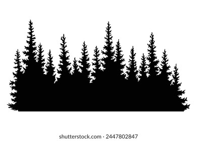 Fir trees silhouette. Coniferous spruce horizontal background pattern, black evergreen woods vector illustration. Beautiful hand drawn panorama of coniferous forest