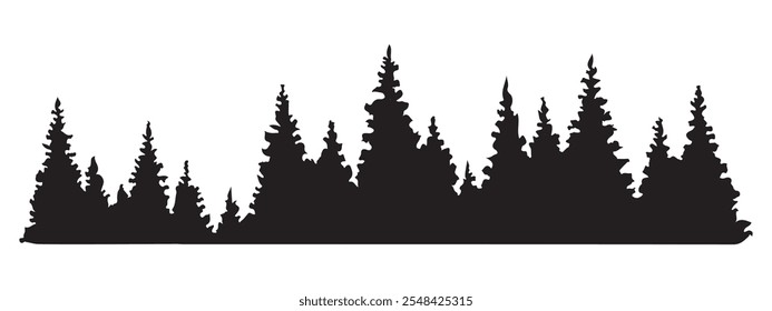 Silueta de abetos. Patrón de fondo Horizontal de abeto de coníferas, Ilustración vectorial de bosques de hoja perenne negro. Eps 10