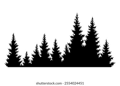 Fir trees silhouette. Coniferous spruce horizontal background pattern, black evergreen woods vector illustration. Beautiful hand drawn panorama of coniferous forest