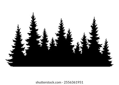 Fir trees silhouette. Coniferous spruce horizontal background pattern, black evergreen woods vector illustration. Beautiful hand drawn panorama of coniferous forest