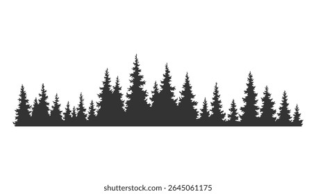 Silhueta de abetos. Padrão de fundo horizontal de abeto conífero, ilustração de vetor de madeiras verdes pretas. Lindo mão desenhado panorama de floresta de coníferas