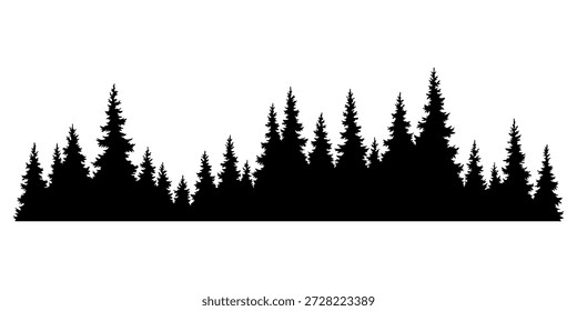 Fir trees silhouette. Coniferous spruce horizontal background pattern, black evergreen woods vector illustration. Beautiful hand drawn panorama of coniferous forest