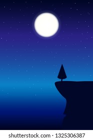 Fir trees silhouette standing on a cliff with moon. Vector illustration.