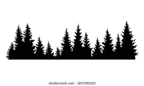 Fir trees silhouettes. Coniferous spruce horizontal background pattern, black evergreen woods vector illustration. Beautiful hand drawn panorama of a coniferous forest