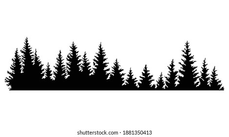 Fir trees silhouettes. Coniferous spruce horizontal background pattern, black evergreen woods vector illustration. Beautiful hand drawn panorama of a coniferous forest