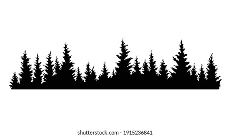 Fir trees silhouettes. Coniferous spruce horizontal background pattern, black evergreen woods vector illustration. Beautiful hand drawn panorama of a coniferous forest