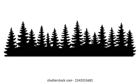 Fir trees silhouettes. Coniferous or spruce forest horizontal background pattern, black pine woods vector illustration. Beautiful hand drawn coniferous panorama