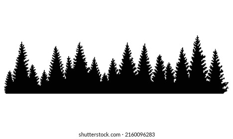 Fir trees silhouettes. Coniferous or spruce forest horizontal background pattern, black pine woods vector illustration. Beautiful hand drawn coniferous panorama