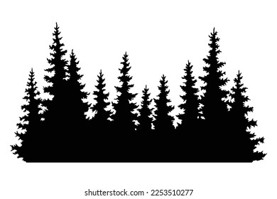 Fir trees silhouettes. Coniferous spruce horizontal background patterns, black evergreen woods vector illustration. Beautiful hand drawn panorama with treetops forest. Black pine woods