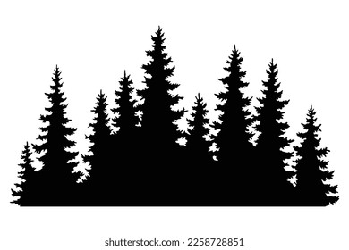 Fir trees silhouettes. Coniferous spruce horizontal background patterns, black evergreen woods vector illustration. Beautiful hand drawn panorama with treetops forest. Black pine woods