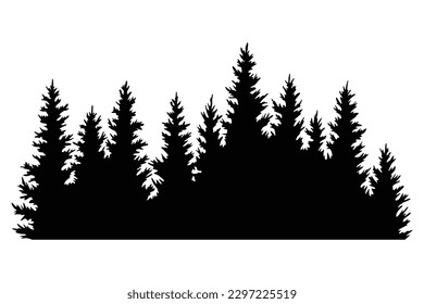 Fir trees silhouettes. Coniferous spruce horizontal background patterns, black evergreen woods vector illustration. Beautiful hand drawn panorama with treetops forest. Black pine woods