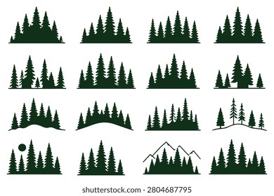 Fir trees silhouettes. Coniferous spruce horizontal background patterns, black evergreen woods vector illustration. Beautiful hand drawn panorama with treetops forest. pine forest. christmas, pine tress. 