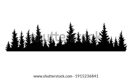 Fir trees silhouettes. Coniferous spruce horizontal background pattern, black evergreen woods vector illustration. Beautiful hand drawn panorama of a coniferous forest