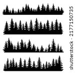 Fir trees silhouettes set. Coniferous or spruce forest horizontal background patterns, black pine woods vector illustration. Beautiful hand drawn coniferous panoramas
