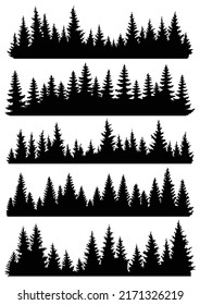 Fir trees silhouettes set. Coniferous or spruce forest horizontal background patterns, black pine woods vector illustration. Beautiful hand drawn coniferous panoramas