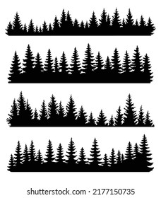 Fir trees silhouettes set. Coniferous or spruce forest horizontal background patterns, black pine woods vector illustration. Beautiful hand drawn coniferous panoramas