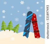 Fir trees, snowboards, hills. Winter bright day, blue sky, snow falling.