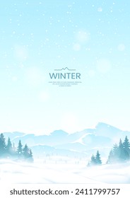 Fir trees in snowdrifts. Mountains in the background. Clear blue sky, snowfall. Vector illustration. Winter landscape. Design for cover, postcard, poster, wallpapers. Adventure tourism, nature walks.	