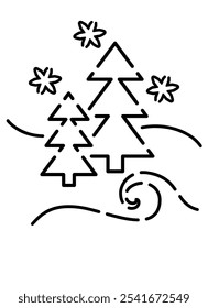 Fir trees and snowflakes landscape Christmas stencil design for decorating gingerbread, cookies and other confectionery - vector template for cutting. Design Paint Your Own, PYO, Cookie Stencil