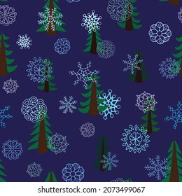 fir trees and snowflakes, seamless pattern