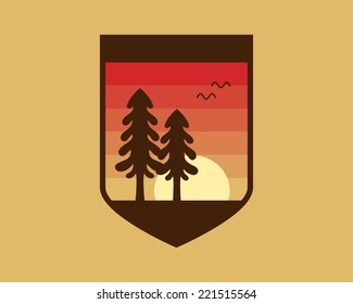 Fir trees at sunset with birds. Vector icon.