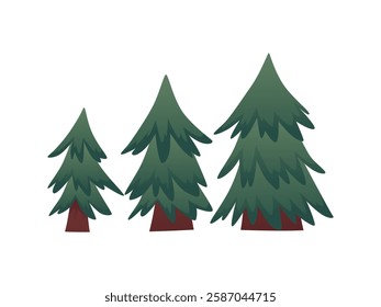 Fir trees vector flat illustrations set. Cartoon spruce evergreen forest plant different sizes and ages. Coniferous forest. Floral nature design element isolated. Native American village