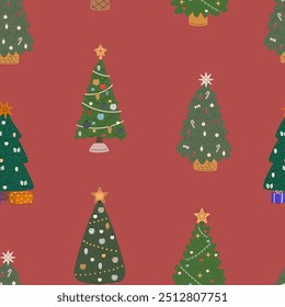 Fir trees vector seamless pattern. Hand drawn spruces on black background. Stylish winter season wallpaper design. Minimalist botanic doodles, New Year symbols. Christmas time wrapping paper, textile.