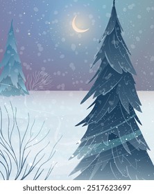 Árboles de abeto en el fondo del paisaje de la naturaleza del invierno. Paisaje estacional para año nuevo y vacaciones de Navidad. La nieve y la deriva de nieve congelaron la escena mágica del invierno. Gráficos de Vector en estilo acuarela.