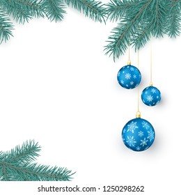 Fir twigs and blue Christmas balls with snowflakes ornament with space for greeting text. Christmas decoration elements isolated on white background. Xmas baubles. Vector illustration