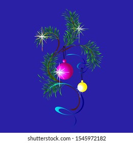 fir twigs with curls and Christmas balls on a blue background